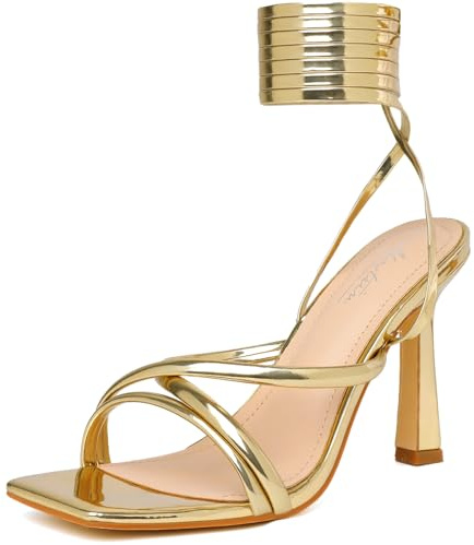 Mostrin Gold Strappy Heels for Women Lace Up Heels Tie Up Stiletto Heeled Sandals Square Open Toe High Heels for Prom, Party and Weddings Size 9