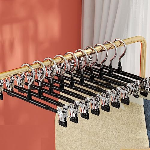 Trouser Hangers - 10 Pack Skirt Hangers with Adjustable Non Slip Clips Strong Chrome Clothes- Space Saving Pant Hangers