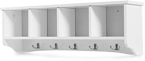 COSTWAY Wall-Mounted Coat Rack Shelf, 72cm Wall Coat Hanger with 4 Storage Compartments and 5 Dual Hooks, Wooden Hanging Display Cabinet Hallway Organiser for Entryway Bathroom Living Room (White)