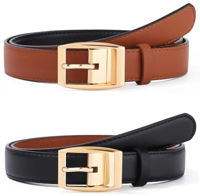Kajeer Ceinture Cuir Réversible pour Femme - Noir+Marron, S-100CM/39,4IN, Simili Cuir, Boucle Argentée Torsadée