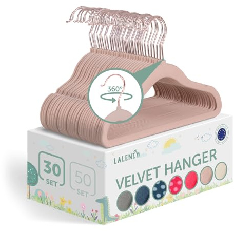 Laleni set med 30 smala barnklädhängare med sammetsöverdrag - halkfria klädhängare för barn, platsbesparande klädhängare för babykläder, 360° svängbara, puderrosa
