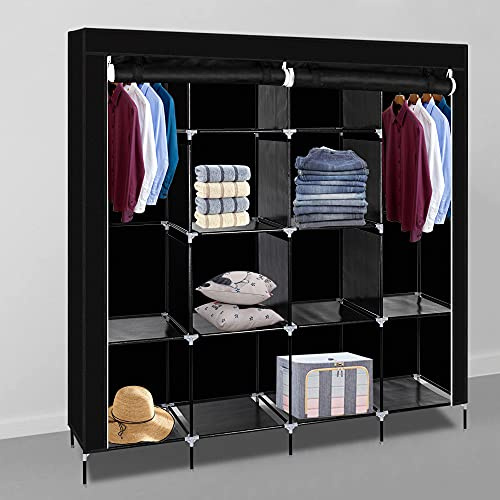 Bonnlo Armoire Tissu 169,5x45x181,5cm avec Penderie et Étagères,Stable,Armoire Chambre en Tissu,Spacieuse,Pliante,Couleur Noire