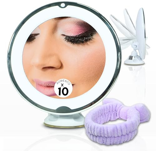 Genérico Espejo Maquillaje con luz LED, Espejo Aumento X10, Gratis Diadema Maquillaje, Ventosa de Pared y Giratorio, a Pilas (no Vienen Incluidas) Espejo para Baño.