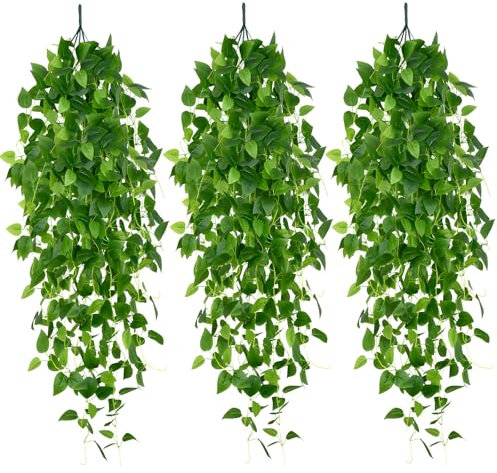 Vautvis Konstgjorda växter, 3 delar hängande konstgjord växt, konstgjorda hängande växter, konstgjorda växter för utomhus dekorativa växter plastväxtdekoration, falsk växt för kontor, trädgård