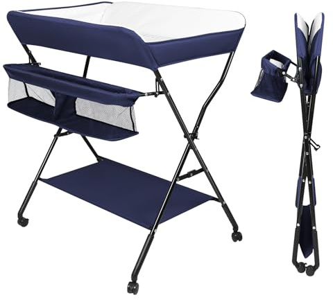 MUL-BOUTIQUE Table à Langer Pliante, Portable, Amovible avec Aoulettes et Panier de Rangement, Hauteur Réglable pour Bébé (Bleu Clair, 92-104 cm, 4 Vitesse)