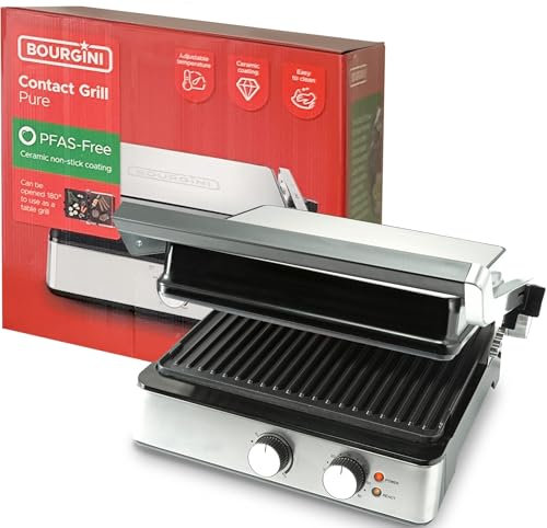 Bourgini Parrilla Electrica 2000W, Revestimiento Cerámico Antiadherente, Fácil de Limpiar, Apertura 180º, Superficie 29x23 cm, Temperatura Ajustable, Libre de PFAS para una Cocina Saludable.