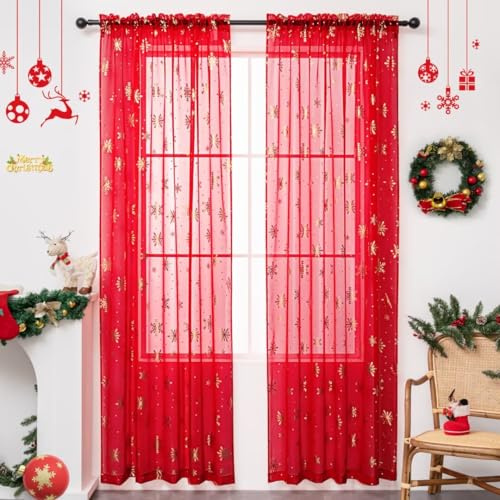 Karseteli skira julgardiner för vardagsrum, lyxig snöflinga guldfolie tryck genomskinliga gardiner, stångficka fönsterdraperier dekorationer för sovrum och heminredning, 2 paneler röd 42 B x 84 L