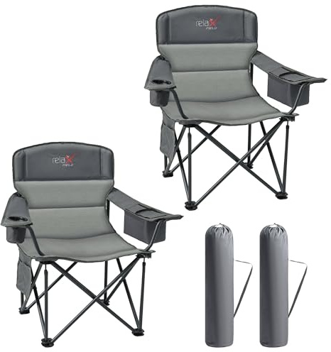RELAX FIELD Set of 2 Oversized Camping Chairs for Adults 200KG with Cup Holder and Cooler Bag, Heavy Duty Extra Wide Folding Camping Chairs for Outdoor Picnic Fishing, Grey