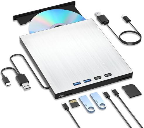 Externes CD DVD Laufwerk, CD Laufwerk Extern USB, Dieses externe CD/DVD-Laufwerk lässt sich per USB und USB-C anschließen für Laptop, Externer DVD Brenner für Laptop MacBook Windows XP/7/8/10/11