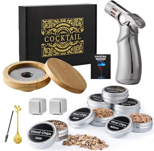 Cocktail Smoker Set med Brännare, 2 Silikonformar för Isbollar – Perfekt Gåva för Pappa, Make och Cocktailälskare (utan Butan) (Whiskystenar i Rostfritt Stål)