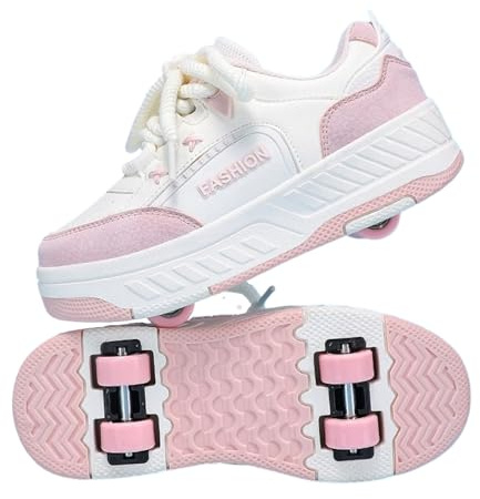 Surwin Roller Adolescents/Enfant, Chaussures Enfant avec roulettes, Chaussures à roulettes Retractable Détachable Accessible à Pied, Chaussure Roller Fille/Garçon, Basket Roller (Rose,36)