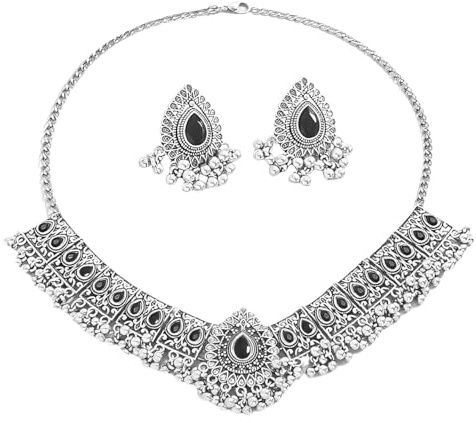 IMINI Vintage Indian Jewellery Set for Women: Antique Silver Oxidised Choker Necklace & Earrings, Boho Bridal Wedding Gift with Crystals, Festive Ethnic Party Wear (Black)
