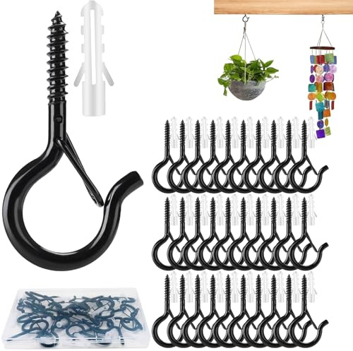 AGOISET 30 piezas alcayatas roscadas, ganchos de techo Con hebilla de seguridad, para colgar objetos, plantas, pajareras, campanillas de viento y luces de hadas para exteriores (Negro)