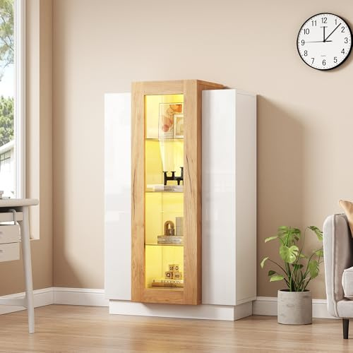 Rosebibi 74 x 40 x 120 cm armadio soggiorno con 3 ante trasparenti, vetrina lucida con LED, libreria con ripiani in vetro e cassetto, vetrina con un'altezza di 120 cm