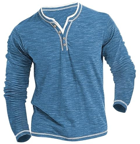 Camisa Henley de manga larga para hombre, solapa atlética con botones frontales, tela ligera para uso durante todo el día, textura suave lavada, camiseta básica clásica atemporal para uso diario, azul
