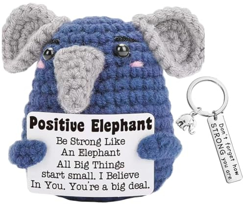 Vexthorion Positive Elephant,Crochet Animals Doll,Cute Knitted Elephant With Animal Inspirational Keychain,Mini Inspirational Good Luck Gifts Inspirational Gift Set for Boys and Girls,2pcs