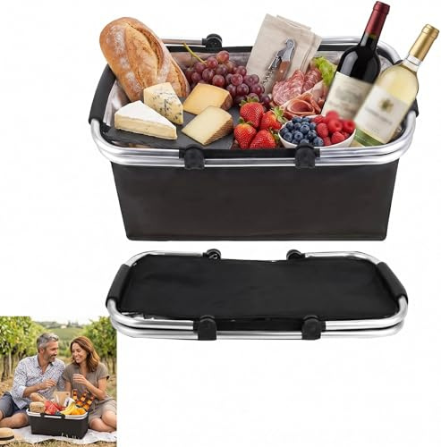Vikbar, shoppingkorg med kylfunktion, termo som picknickkorg, bärkorg, kylbox bärbar med vadderade handtag, för shopping, resor, picknick, (svart)