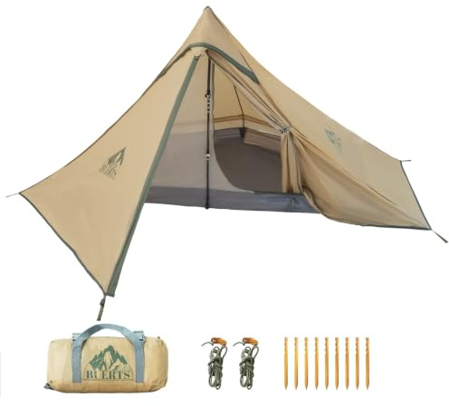 BUERTS Tente Camping randonnée Ultra-légère 1 Personne, 3 Saisons | 1kg, sans arceau compatible bâtons. Rangement 29×12×12cm, montage rapide. Spacieux, 20D silicone, PU3000, renforts