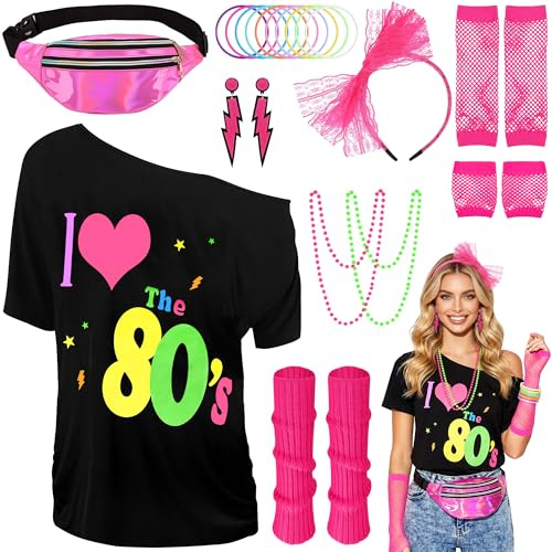 Vervora Costume des années 80 pour femme - Tenue des années 80 avec t-shirt, poche ceinture, jambières, gants en filet, bijoux néon, vêtements des années 80 pour carnaval, fête à thème, disco (XXL)