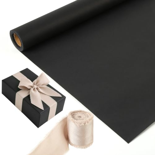 Presentpappersrulle, 44 cm x 10 m kraftpapper förpackningspapper med presentband, svart matt omslagspapper, omslagspapper för jul födelsedag bröllop och handarbete