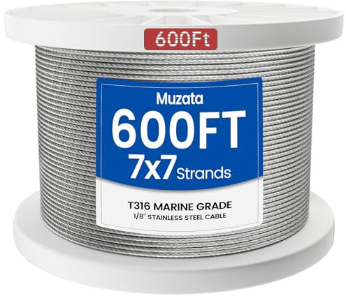 Muzata 600 ft 1/8 Stainless Steel Cable Railing System Hardware T316 Stainless Steel Wire Rope 7x7 Strands 1800 lb Breaking Strength Deck Cable Railing Kit for Indoor Outdoor Coastal WR02
