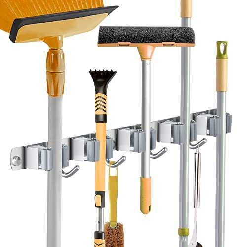 KYDIFS Accroche Balai Mural, Porte Balais en Acier inoxydable, Support Cintre de Rangement pour Cuisine, Buanderie, Organisation du Garage (5 Emplacements et 4 Crochets)