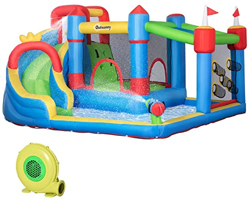 Outsunny Castello Gonfiabile per Bambini 5 in 1 con Scivolo, Trampolino, Piscina e Pistola ad Acqua, Gonfiatore e Picchetti Inclusi, Età 3-8 Anni