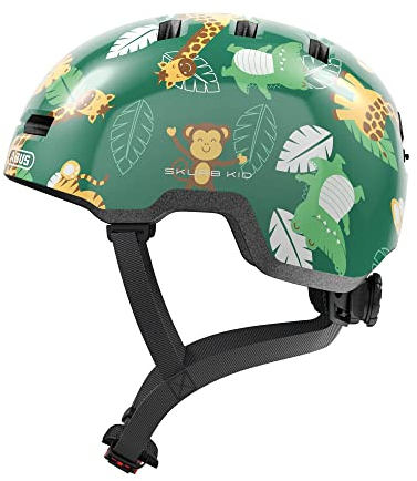 ABUS Kinderhelm Skurb Kid - robuster Fahrradhelm im Skater-Look mit Platz für einen Zopf und vielfältigen Designs - für Mädchen und Jungen - Grün mit Junglemuster, Größe S