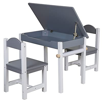 TikTakToo Aufklappbarer Kindertisch mit Papierrolle und 2 Stühlen, Tisch mit Stauraum, Maltisch mit Staufach, Sitzgruppe Möbel Set, Sitzgarnitur aus Holz