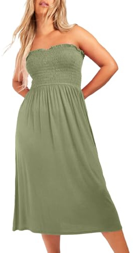 NetSetUK Women's Strapless Sheering Boob Tube Gather Oversized Plus Size Elasticated Bust Bandeau Plain Beach Summer Sleeveless Top Midi Dress for Ladies 8-22 Khaki