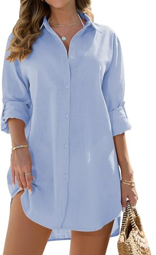 RITOSTA Copricostume Donna Mare Sexy Camicia in Cotone Camicione Estiva Abiti Lunghi Copribikini Vestiti Mare Corti Spiaggia Camicetta Costume da Bagno Bikini Cover Up Bluse per Spiaggia (Blu,M)