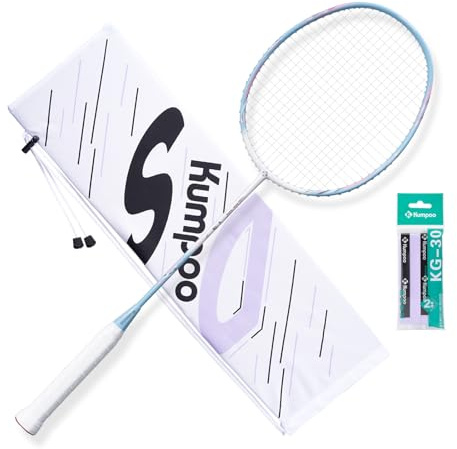 KUMPOO Carbon Fiber Badminton Racket 4U, Professional Badminton Blue Racket Set with Overgrips and Cover, Pro Badminton Racquet Lightweight for Beginners Adults Outdoor Games, DS-201 Blue