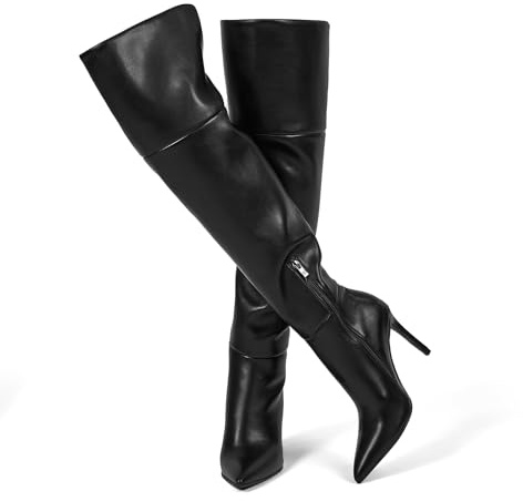 wetkiss Black Thigh High Boots Womens Pointed Toe Over the Knee Boots with 4 in Stiletto Heel Half Side Zipper Wide Calf Black Boot for Women High Heel Faux Leather Winter Long Boot, Size 8