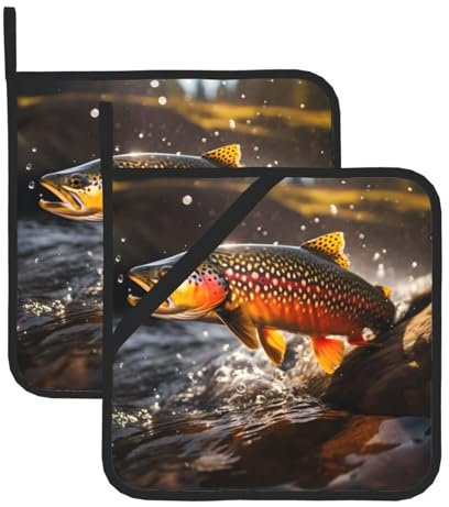 YYHHAOFA Brook Forellen-Fliegenfischer-Bild, quadratisch, isoliert, 2 Stück, hitzebeständig, Küchenmatten, Verbrühungsschutz und Wärmeisolierung, 20,3 x 20,3 cm