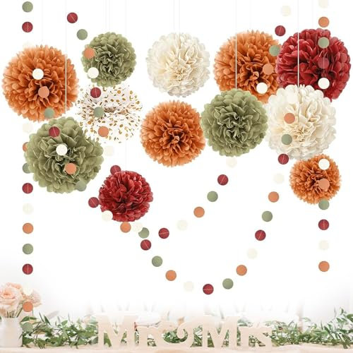 Rongxze 15 Stück Seidenpapier Pompons Deko, Herbst Party Dekorationen mit Pom Poms, Pompom Girlande Orange Salbei Grün Tissue Papier Pom Poms für Brautparty, Gartenparty Dekoration