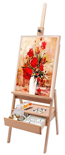 TouTToNG Cavalletto da Pittura Professionale ad H con Cassetto Portaoggetti, in Legno di Faggio Massello, Cavalletto per Dipingere Regolabile Altezza154-198cm, Max Leinwand 90cm, per Dipinti, Mostre