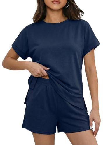 IWOLLENCE Husdräkt dam tvådelad sportset, loungewear dam tracksuit med elastisk linning och fickor, Marinblå, XL