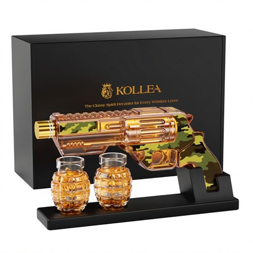 Kollea Camouflage Whiskey Decanter Sets with Grenade Shot Glasses, Anniversary Birthday Gifts for Him, Holiday Gifts for Father, Brother, Husband, Boyfriend, Military Present, Bar Drinking, 12.8 oz