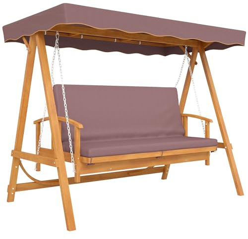 Outsunny 2 in 1 Hollywoodschaukel mit Liegefunktion, 3-Sitzer Gartenschaukel aus Holz, Holzschaukel mit Sonnendach Sitzauflage, Schaukelbank bis 330kg, für Garten, Terrasse, 236x130x181 cm, Braun
