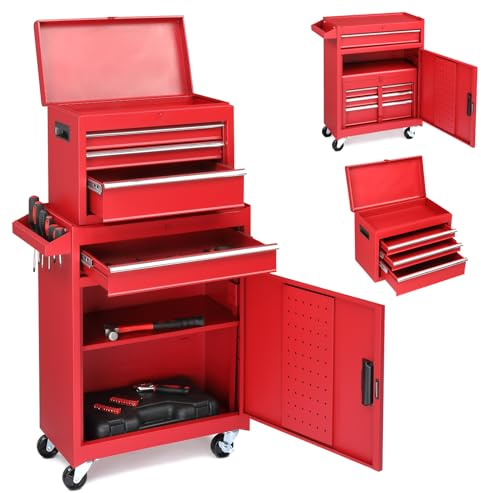 Karl home Rolling Tool Chest, 2-in-1 Large Capacity Toolbox with Detachable Top Cabinet, 4 Drawers, Wheels, Hooks, Lockable Metal Tool Cabinet for Workshop, Warehouse, Garage, Red