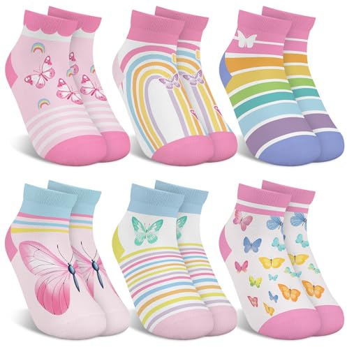 hometrixx 6 Pairs Kids Girls Ankle Socks Soft Cuff Cartoon Cute Patterned Butterflies Balloon Animals Breathable Cotton Short Socks aged for 5-8 Years