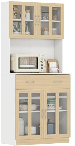 HOMCOM Alacena de Cocina Alta, Mueble Auxiliar de Cocina, con 4 Puertas de Vidrio, Encimera Abierta para Microondas, Cajón, Estantes Ajustables, 80x40x180 cm, Blanco y Natural