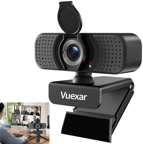 Vuexar Cámara web Full HD 1080P con micrófono, cancelación de ruido, cubierta de privacidad, lente gran angular, corrección automática de luz, cámara web USB Plug & Play para laptop, escritorio, PC