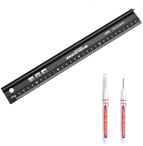 30CM Aluminium Metal Ruler with Non-Slip Backing for Precision Cutting, Robust Steel Ruler for Craft and DIY Projects, Includes 2 Long Nib Marker Pens with Deep Hole Reach for Wood, Metal and Glass