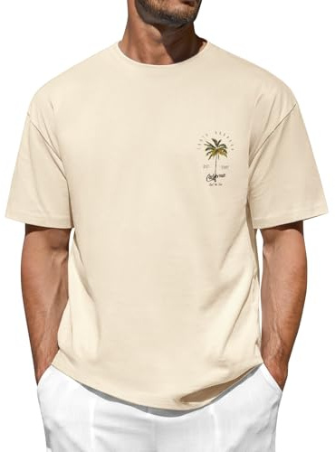 TOMEEK T Shirt Uomo Grafica Basic Maglietta Uomo a Maniche Corte in Cotone Collo Tondo Stampato Palma T-Shirt Estivo Magliette Sport Vacanze Tempo Libero Stile Californiano,Beige,M