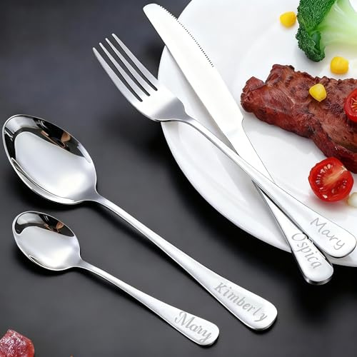 Posate Incise Personalizzate, 1 set da 4 Pezzi, Set di Posate in Acciaio Inossidabile Incise, Posate Personalizzate per Adulti, Forchetta, Coltello, Cucchiaio e Cucchiaino da Caffè (Argento)