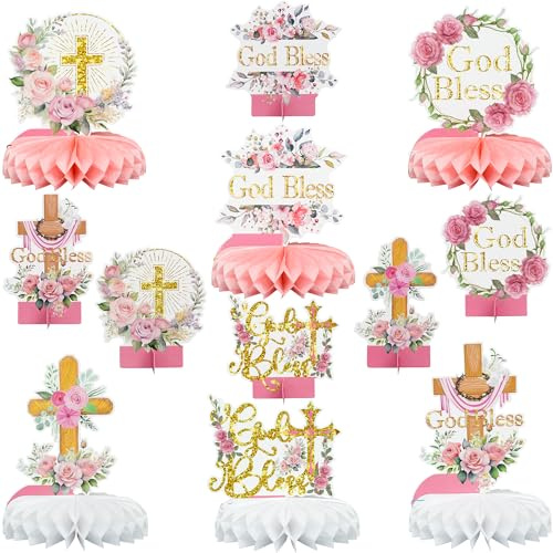 Gyufise 12Pcs Floral God Bless Decorations First Communion Honeycomb Centerpiece Double Sided Table Toppers for Baptism Party Decor Christening Celebration Religious Photo Props Decor Pink