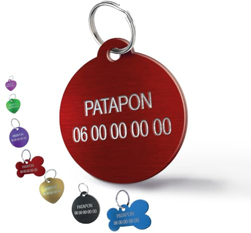 Médaille Gravée pour Chien et Chat – Médaillon d’Identification Personnalisé 2 Lignes En Aluminium Anodisé – Gravure Recto Verso avec Nom & Numéro (Petit Rond-27 mm, Rouge)