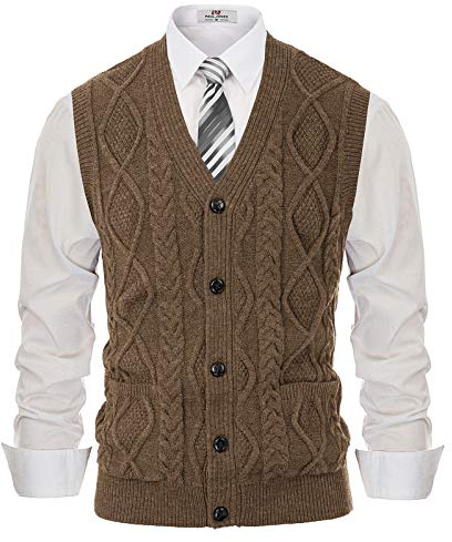 Men's Cable Knit Sweater Vest Winter V-Neck Cardigan Vest with Pockets Coffee L
