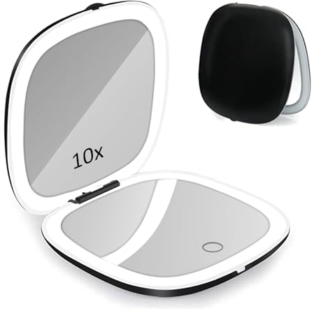 MicacornEspejo compacto portátil con iluminación LED, 1 x 10 aumentos, USB, recargable, plegable, pantalla táctil, 3 colores, regulable